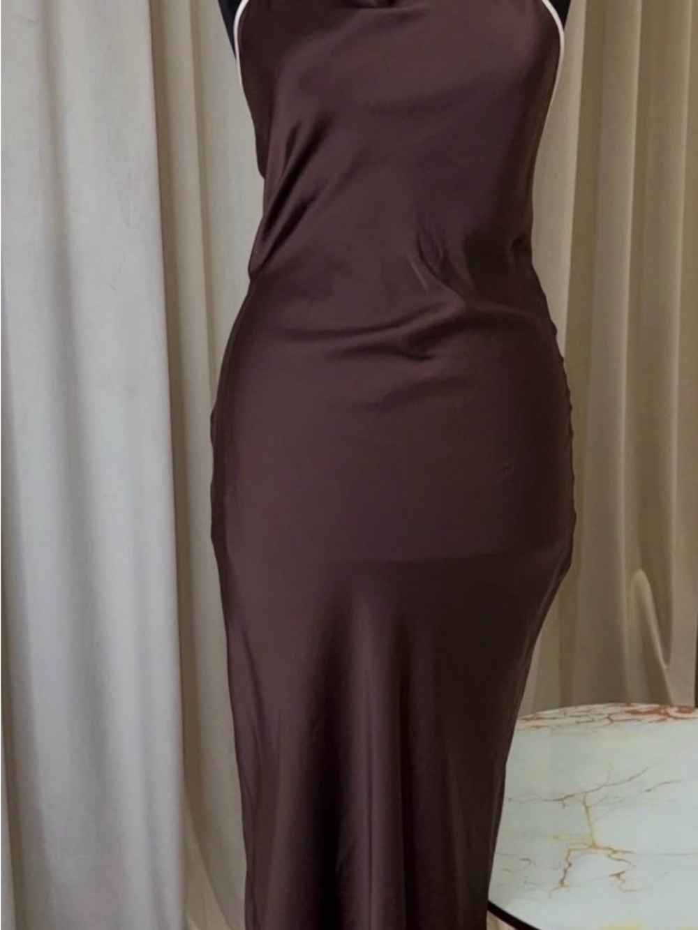 Zara Brown Satin Cowl Neck Midi Dress - Picture 2 of 4